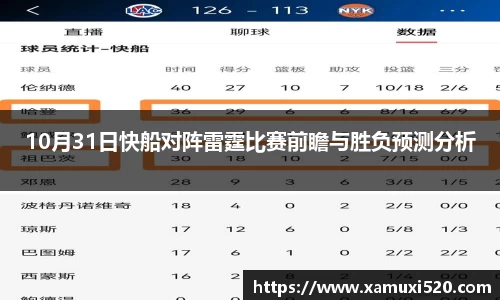 10月31日快船对阵雷霆比赛前瞻与胜负预测分析
